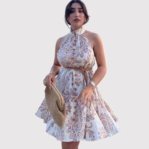 Zara Cream Paisley Halter Mini Dress with Tan and Blue Print